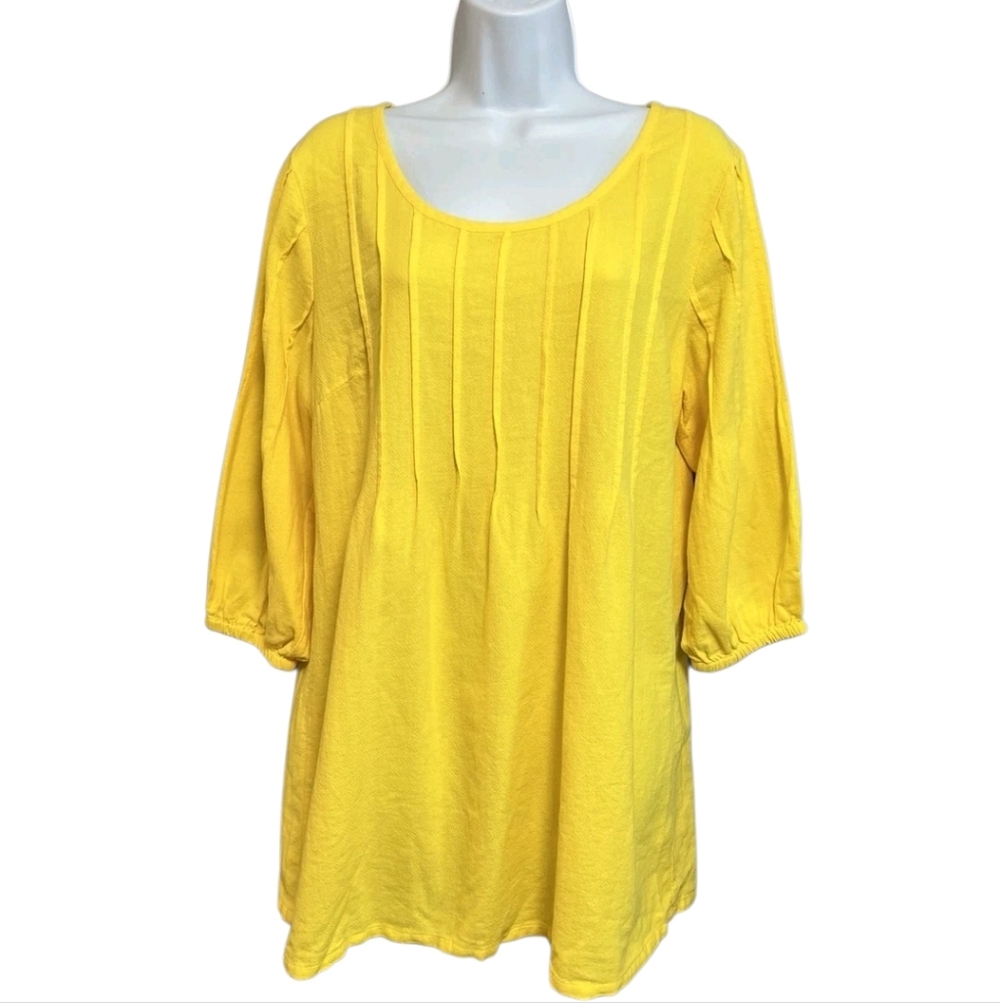 Soft Surroundings Shirt Womens Large Yellow Pintuck Pullover Blouse 100% Cotton